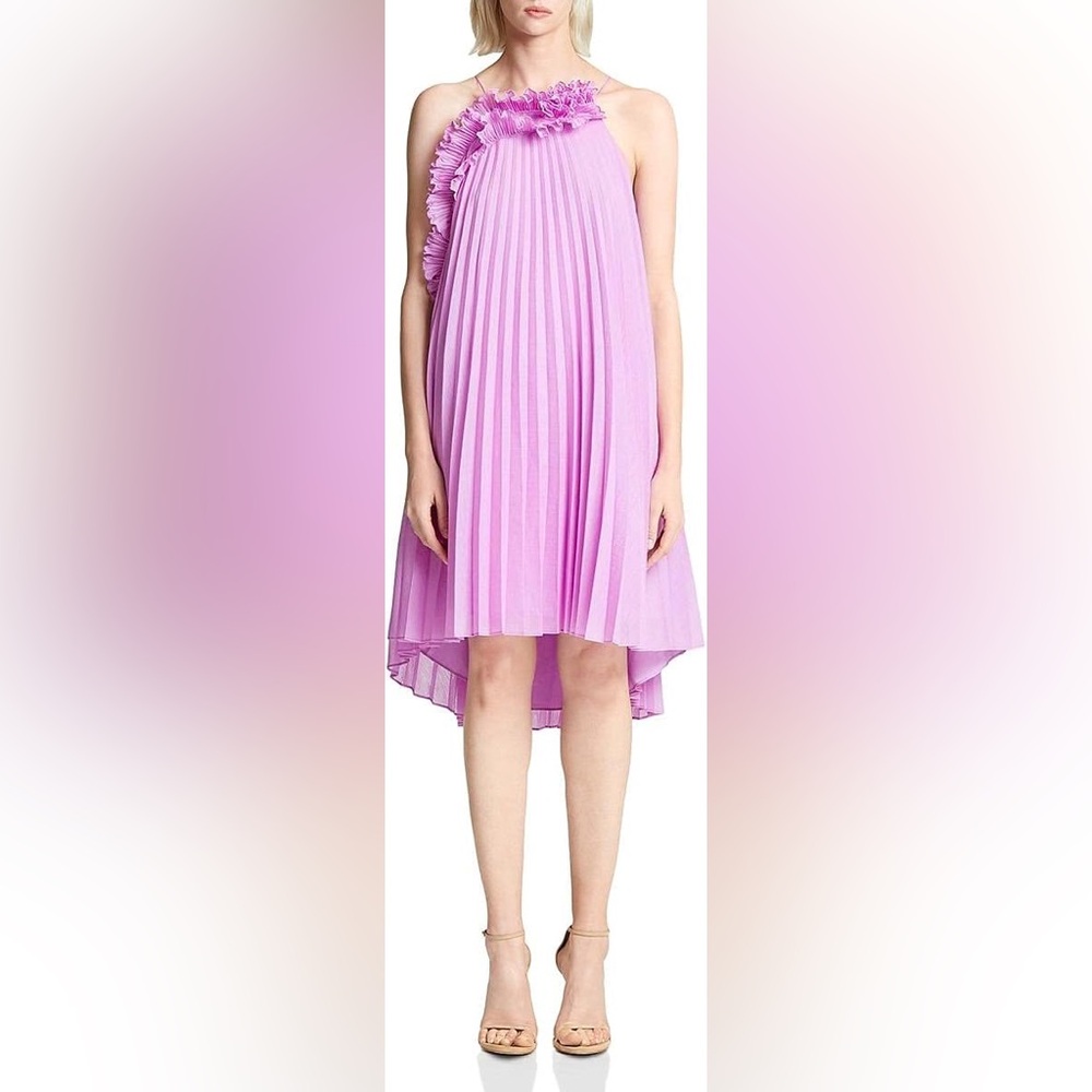 Halston babydoll pleated ruffle neck dress size small in tulip